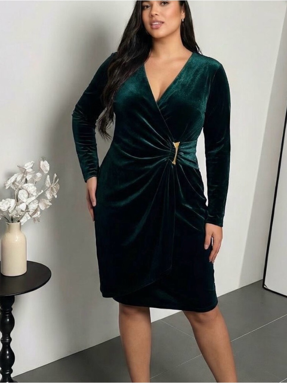 Calvin Klein Teal Velvet Long-Sleeve Wrap Dress with Gold Accent